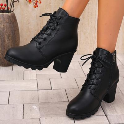 Herbst und Winter neue europäische und amerikanische Stiefeletten in Übergröße, High Heels, runde Spitze, Schnürung, dicke Absatz-Martinsstiefel