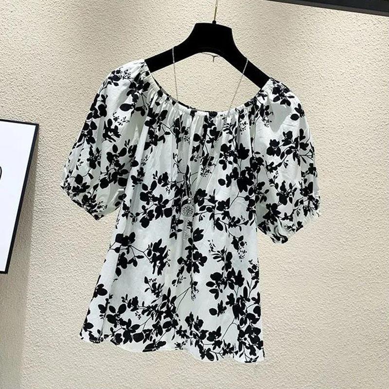 Jednodílný top s výstřihem, květinová šifonová košile, dámské tričko, volné, odhalující ramena, krátký rukáv