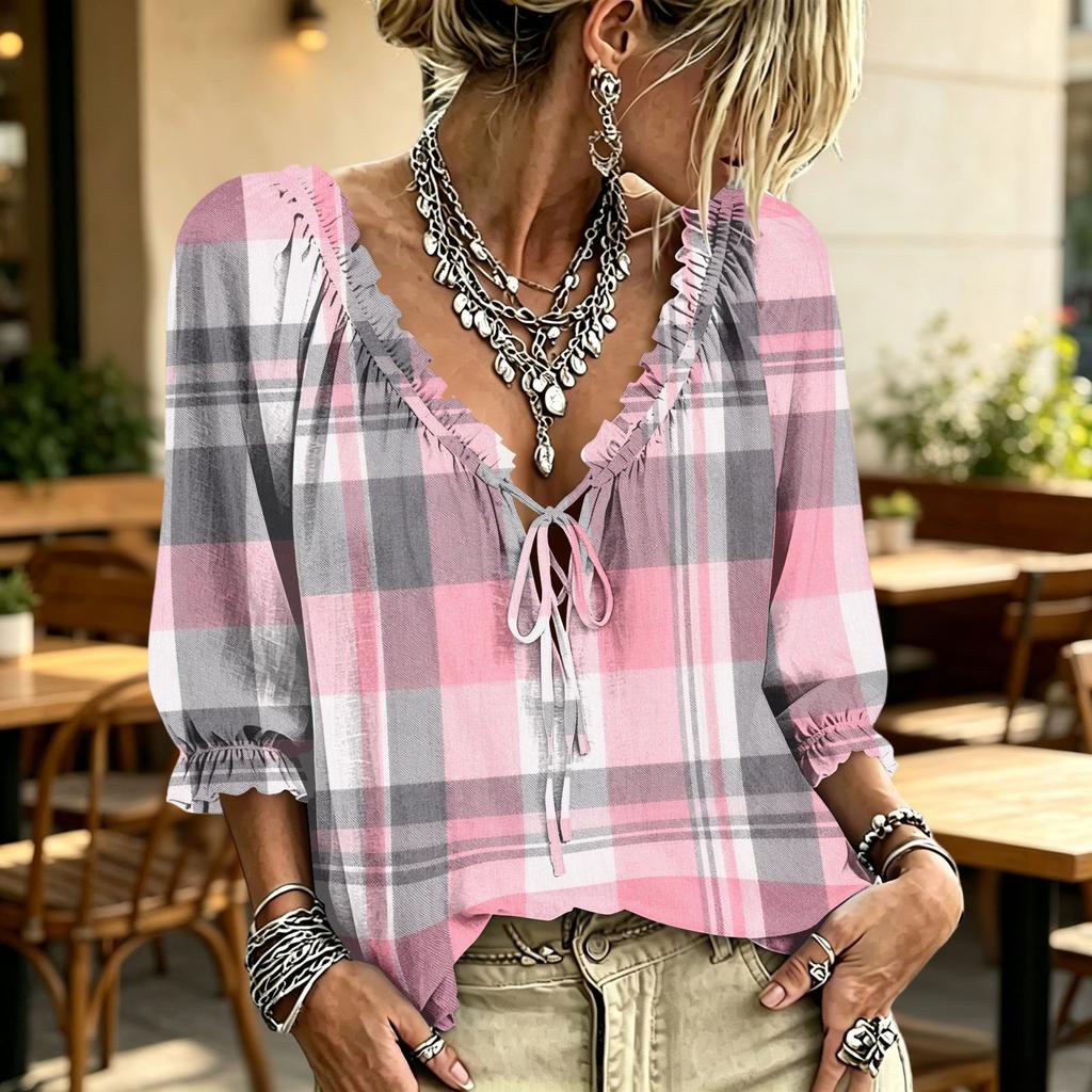 Women's Casual Plaid V-Neck Ruffle Blouse with Tie Neck