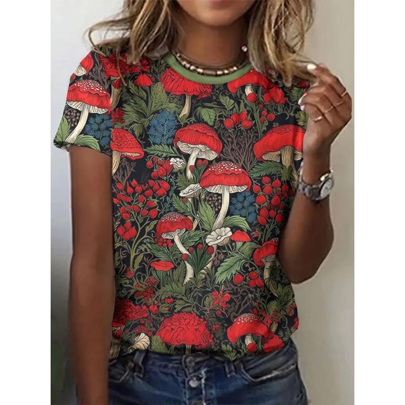Popular Fashion Forest Series Items! Black Night Red Mushroom 3D Printed Loose Short Sleeve Women's Spring/Summer