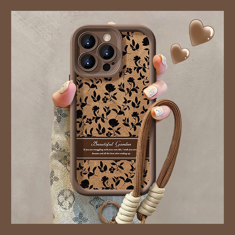 Black Rose Lanyard on Screen Is Suitable for Apple 16PRO Mobile Phone Case Maillard 15 Fine Hole Anti-fall 14 Autumn and Winter 7/8