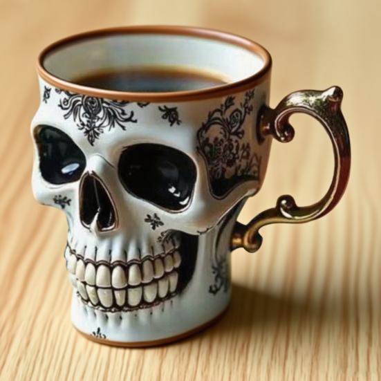 Gothic Skull Coffee Mug Royal Skeleton Cup with Gold Trim Resin Goth Tea Cup Unique Halloween Gift for Skull Lovers