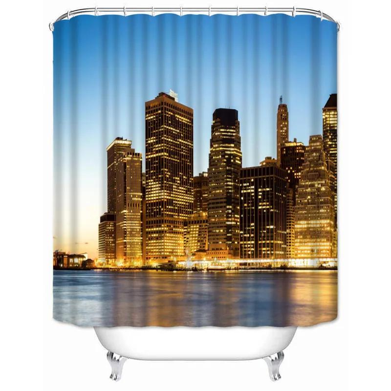 New York City Skyline Building Night View Shower Curtain Modern Bathroom Curtain Polyester Fabric Bath Curtain With Hooks