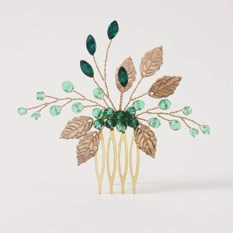 Elegant Green Crystal Leaf Hair Comb Wedding Birthday Party Office Wear Handmade Luxury Accessory