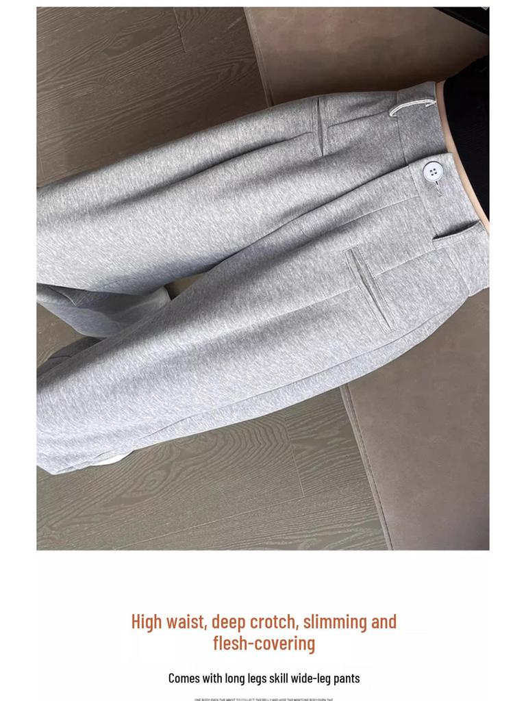 Petite Gray Wide Leg High Waist Pants for Women - Spring/Autumn