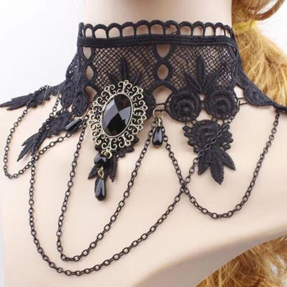 Steampunk Gothic Necklace Vintage Tassel Punk Retro Necklace Black Lace Choker Jewelry Gift