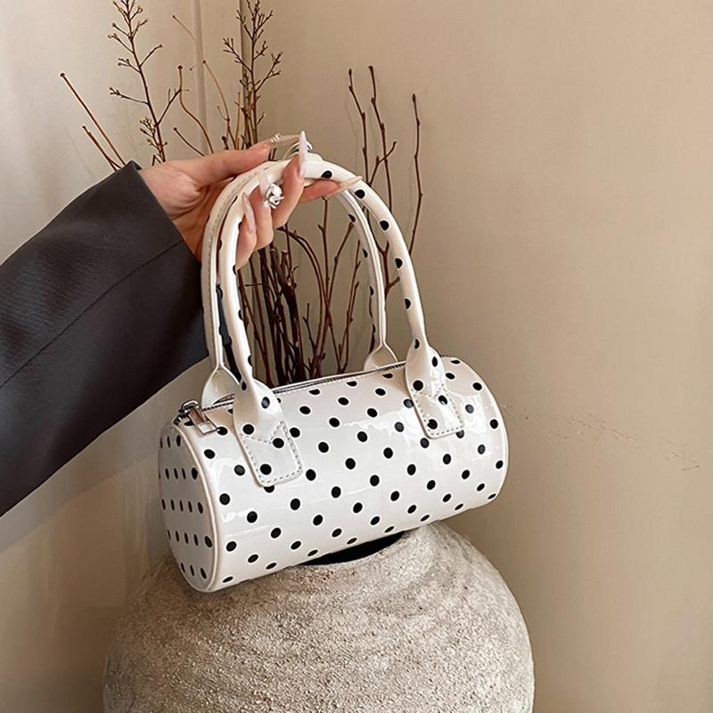 Yogodlns Chic Black & White Polka Dot Stylish Cylinder Crossbody Bag Braided Handle PU Leather Zip Closure Versatile Messenger Bag for Women