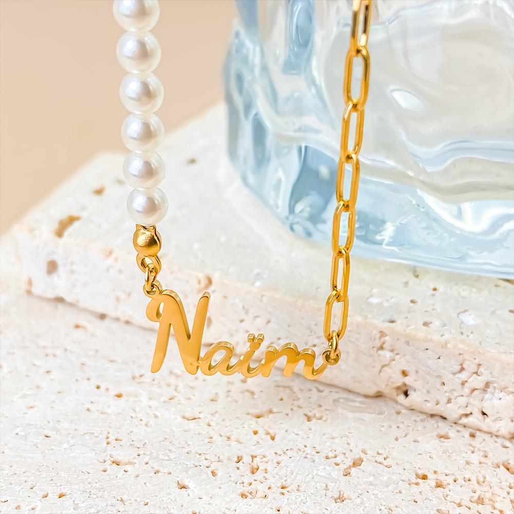 EManco Stainless Steel Paperclip Chain Custom Personalized Name Letter Pendant Fashion Faux Pearl Necklace Dropshipping