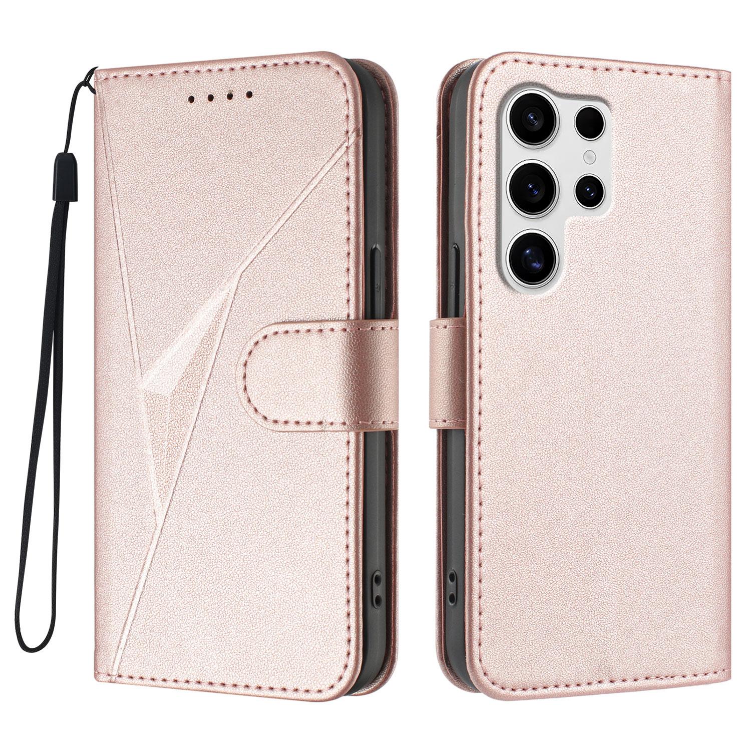 

For Samsung Galaxy S25 Ultra Case Triangle Imprint Leather Phone Cover with Lanyard Rose Gold