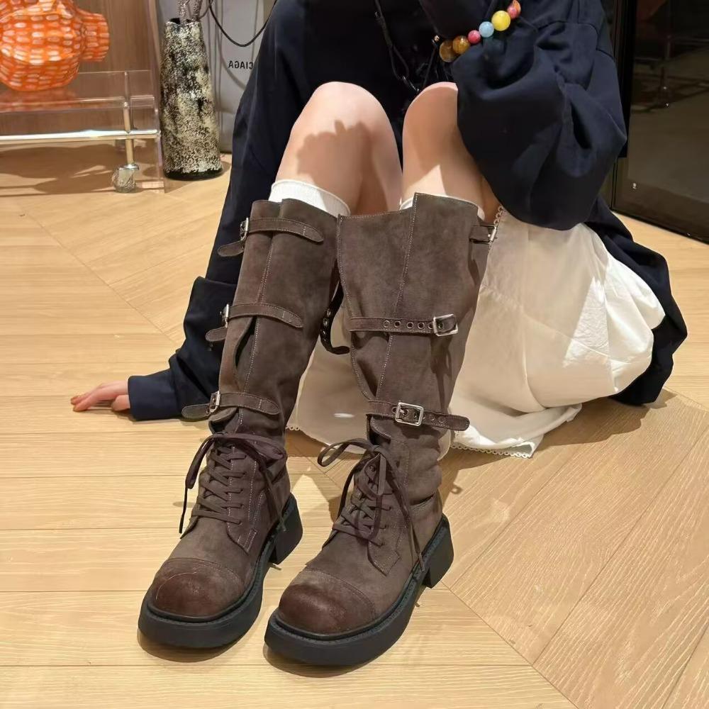Fashion Rose Romance Knight Boots Women's Chunky Heel Mid-Calf Western Cowboy Boots Eepskin Leather Inner Material PU Outer Material
