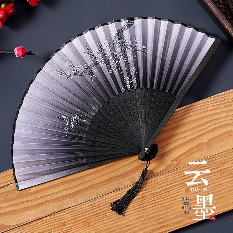 Ancient Chinese Style Black Bamboo Folding Fan for Women's Hanfu Dance Costume