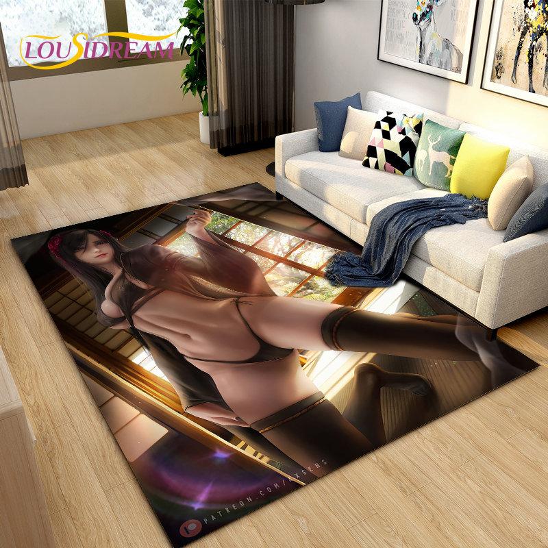 Sexy Girl Lace Tifa Aerith Anime Area Rug,Carpet Rug for Living Room Bedroom Sofa Doormat Decoration, Kids Non-slip Floor Mat 3D