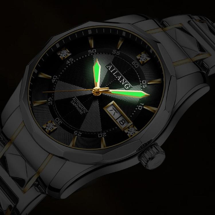AILANG Montre mécanique entièrement automatique pour hommes Montre pour hommes Mode Double Calendrier Pierre Acier Montre étanche
