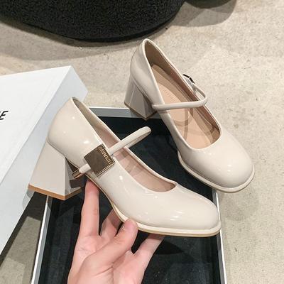2025 Spring New High-heeled Women's Shoes British Style Buckle Small Leather Shoes Thick Heel Round Head Casual Mary Jane Shoes Women