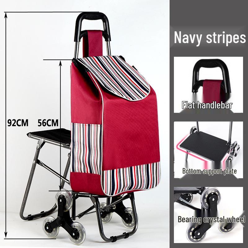 Three-Wheeled Foldable Shopping Cart with Chair, Stair-Climbing Handcart for Elderly, Ideal for Supermarket and Vegetables.