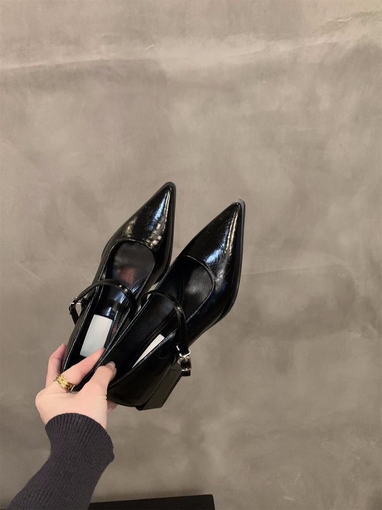 Chaussures simples à talon moyen-haut pointues noires, tempérament français, chaussures pour femmes, printemps, automne, hiver, Mary Jane, chaussures de soirée