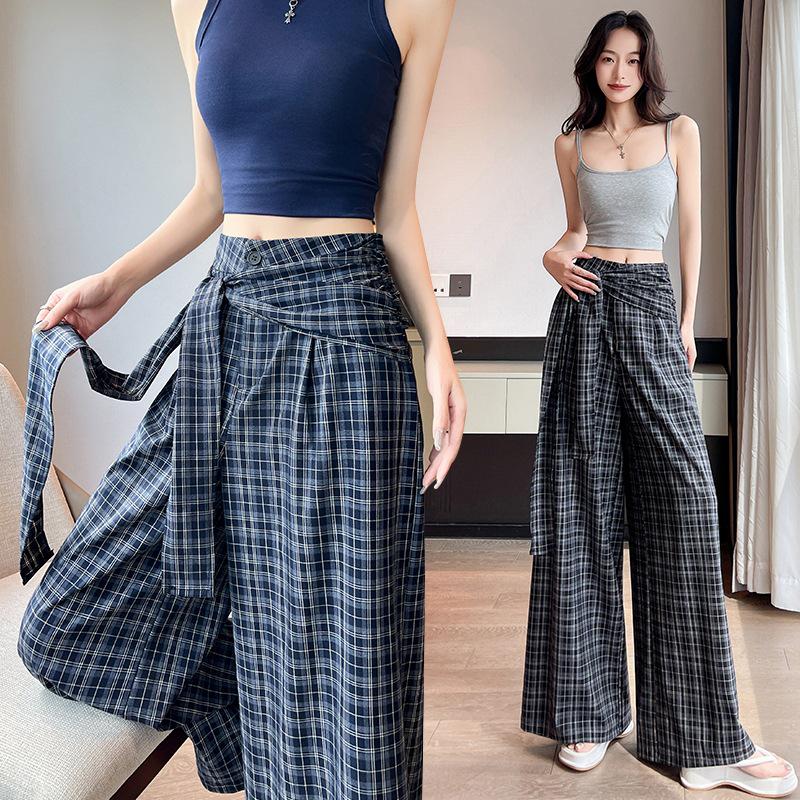 Plaid Strappy High-Waisted Wide-Leg Pants - Women's Korean Style Casual Long Pants