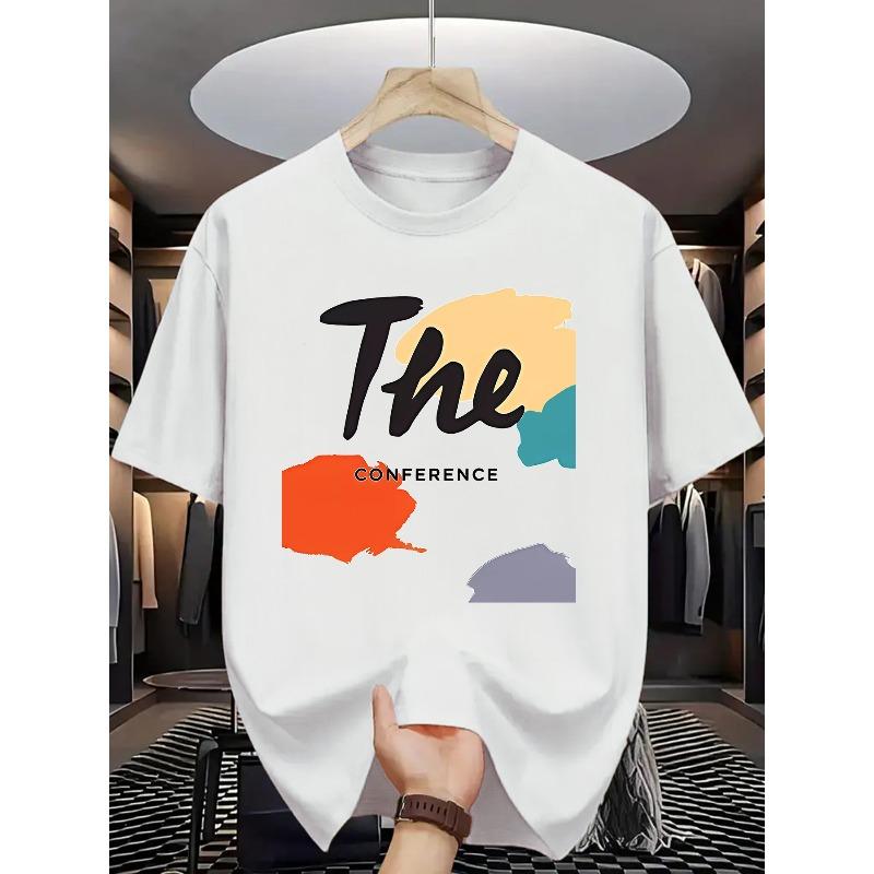 

European sizes Men S Summer Casual Crew Neck T-Shirt, Knit Fabric with Slight Stretch, Regular Fit Short Sleeve Tee with The Conference Print Design 4XL білий