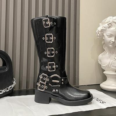 Autumn and Winter New Knight Boots Children Thick Heel Round Head Belt Buckle Medium Leather Boots Fashionable Retro Brown Denim Boots