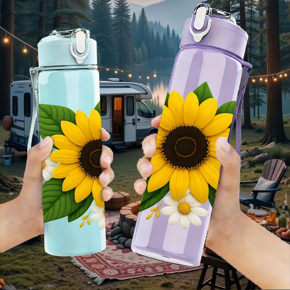 1PC Bright Sunflower Bloom 750ml Color Plastic Sports Water Bottle Leakproof Flip Straw Lid For Sports Office Home Use