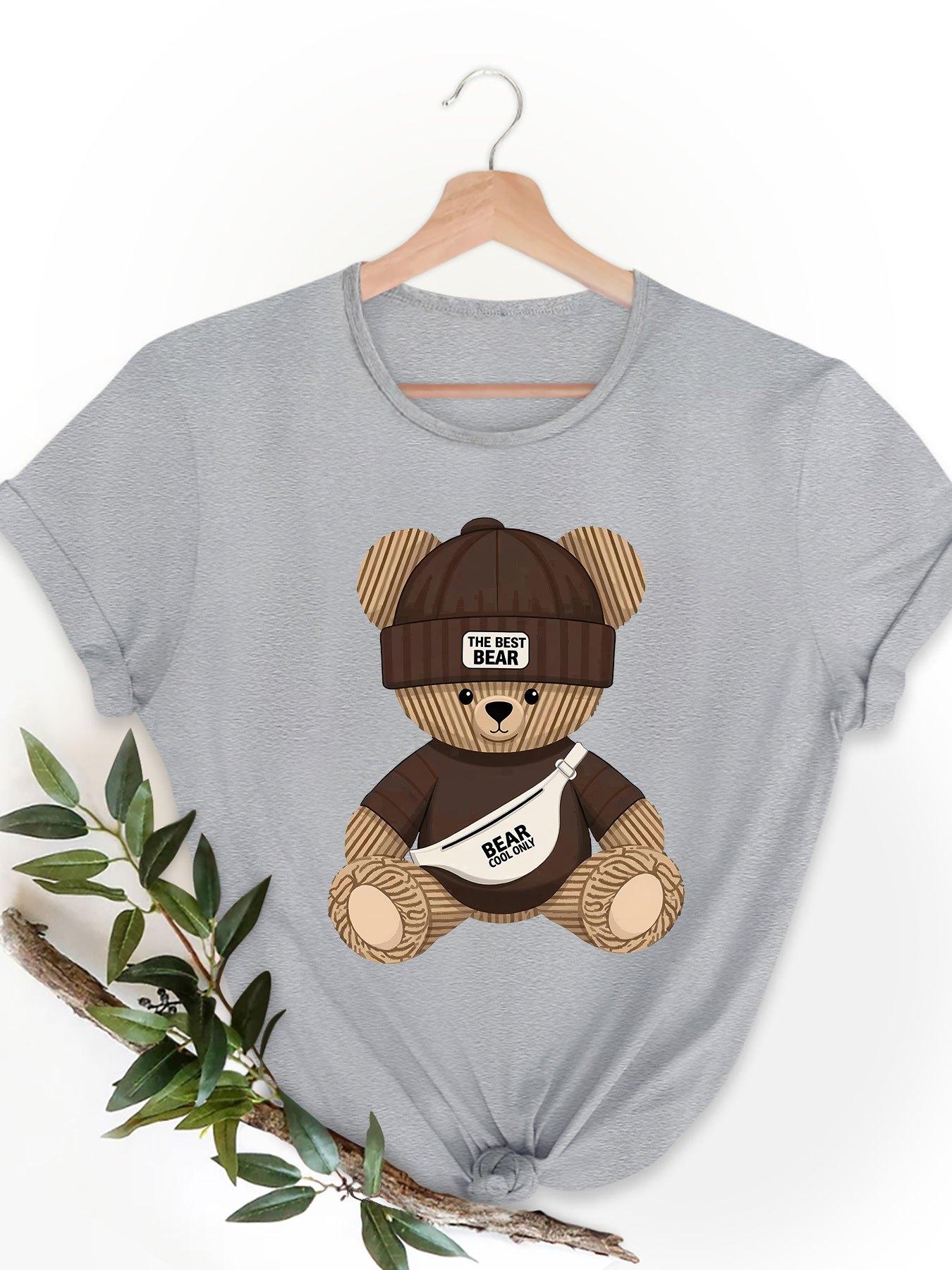 

Plus Size. Women s Plus-Size Oversized T-Shirt with Cute Bear Print - Soft Stretch Round Neck Short Sleeve Blouse-Compatible Top Machine Washable Loo M дубильная кора
