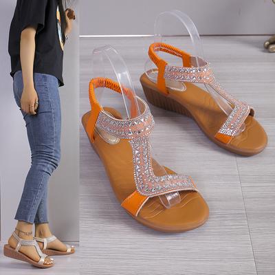 Large Size Sandals Women's Summer 2024 New Fish Mouth Open-toed Elastic Band Rhinestone Foot Cover Wedge Heel Sandals Women