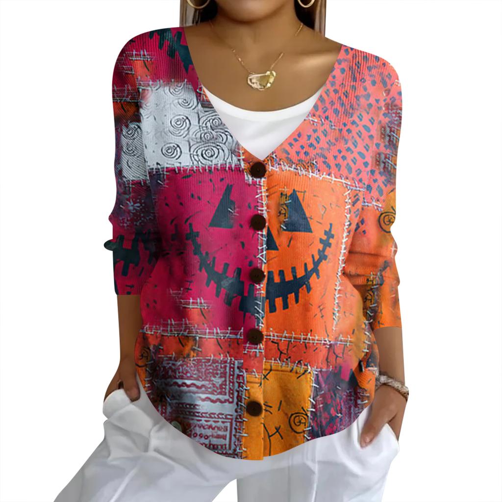 Women's Fashion Casual Knit Sweater Button-Up Halloween Printed  Cardigan Jacket