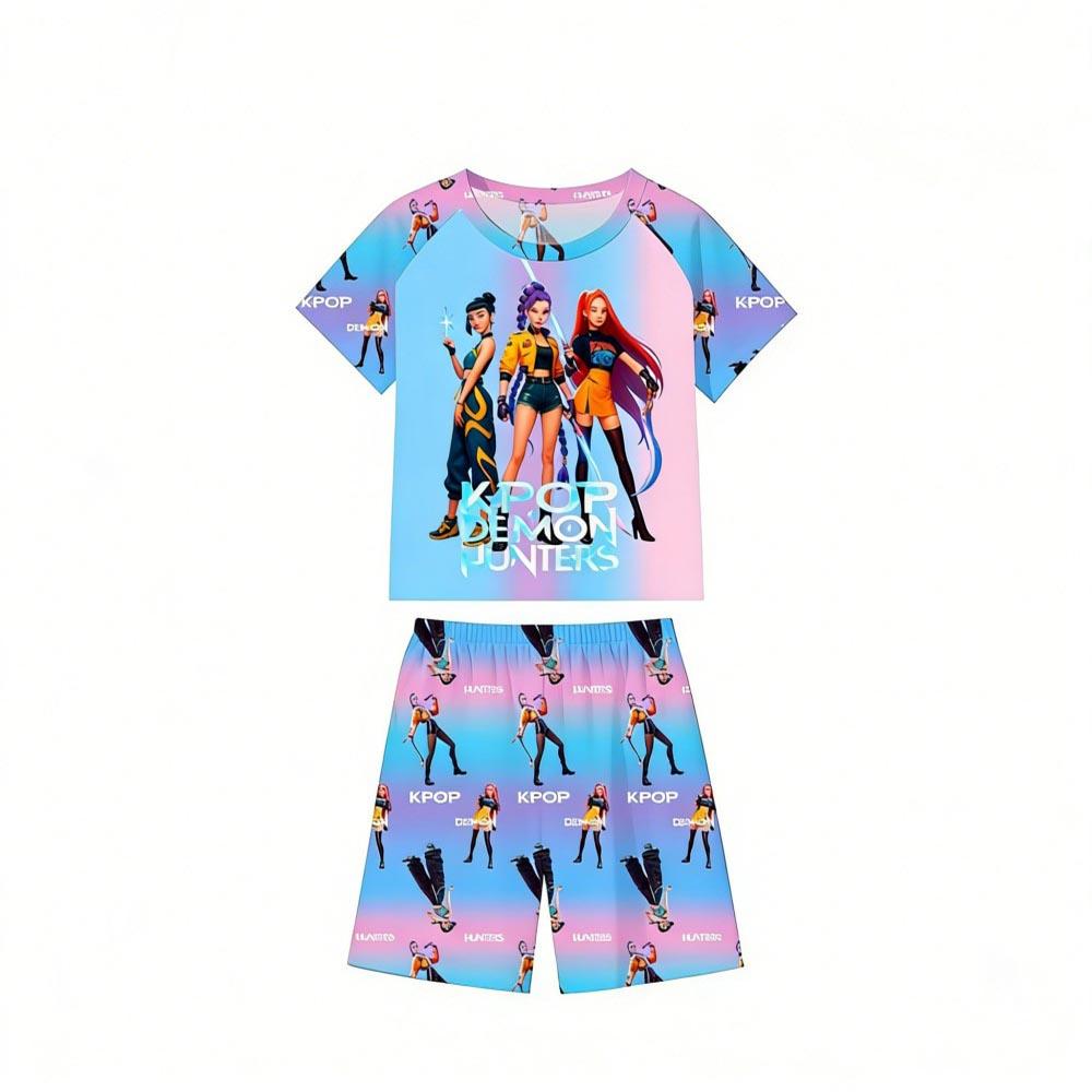 Zomer Kinder Pyjamaset Kpop Demon Hunters Bedrukt Kinder O-hals Korte Mouw Tops Shorts 2 Stuks Zomer Meisjes Casual T-shirt Sets