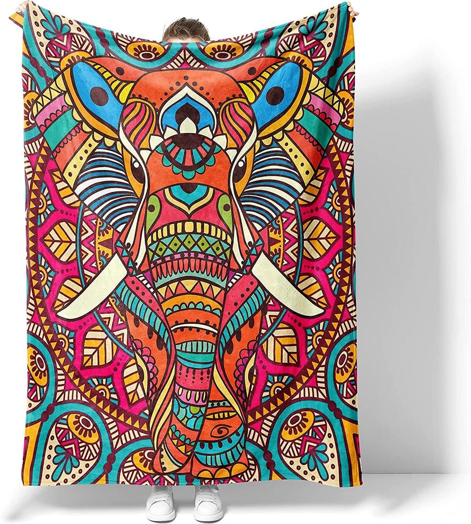 Ethnic Elephant Tribal Stylized Ornament Soft Throw Blanket Lightweight Flannel Blanket for Couch Bed Sofa Travelling Camping for Kids Adults