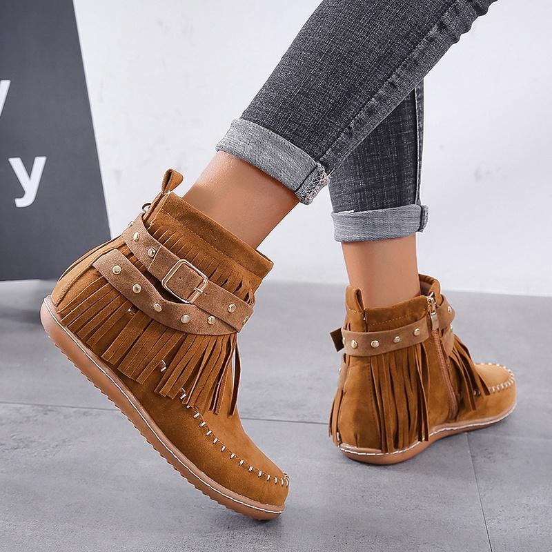 Women's Fashion Retro Boots Winter Ankle Boots Flat Boots Tassel Ladies Boots Plus Size 35-43