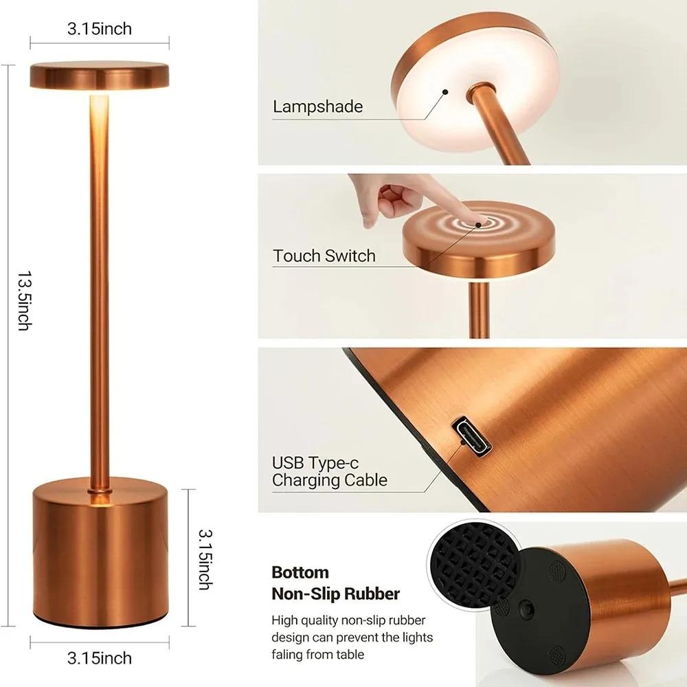 3 Color Touch Control Cordless LED Desk Lamp, Rechargeable Alloy Nordic Ambient Night Light for Bar Home Restaurant
