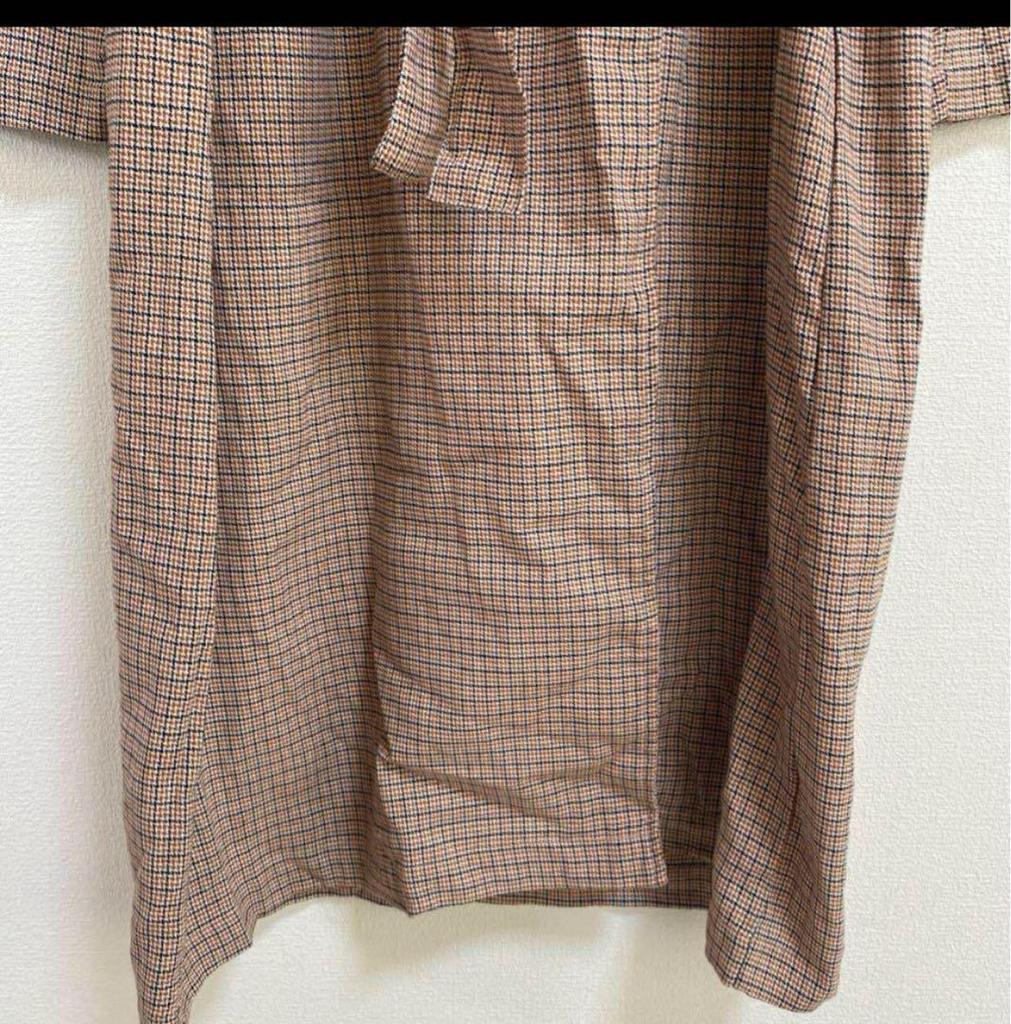 [USED] Brown Check Double-Breasted Coat, No-Collar Long Coat, Korean Style