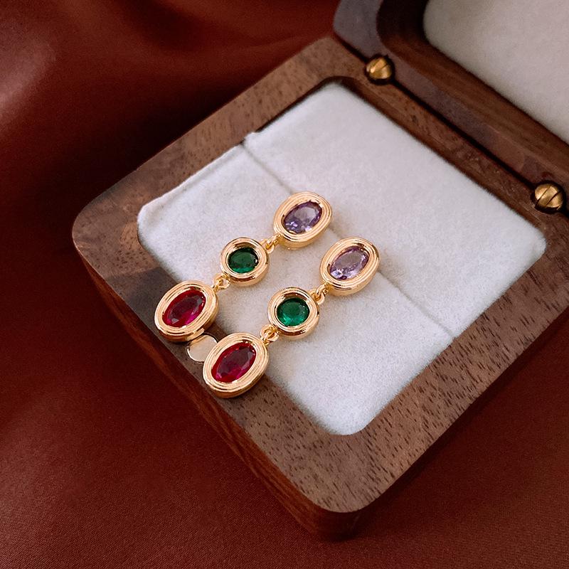 Vintage Silver Needle Zircon Oval Earrings - Retro High-End Women's Jewelry