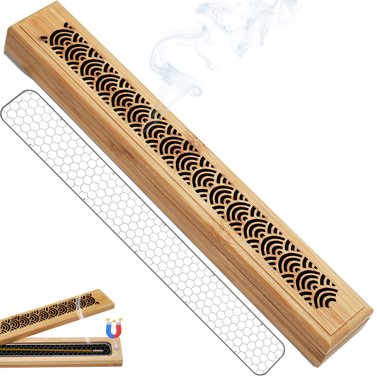 

Horizontal Incense Burner, Incense Stick Holder, Incense Dish, Wooden Incense Burner Made of Natural Bamboo with Non-flammable Sheet, Portable Lid,