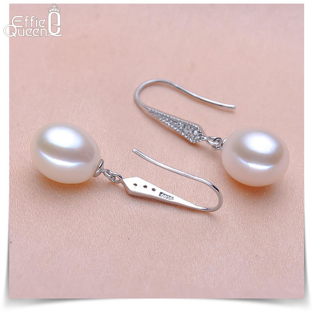 Effie Queen 925 Pure Silver Oval Freshwater Pearl Dangle Earrings WithZirconia Fine Jewelry for Women Banquet Party Gift GPE01
