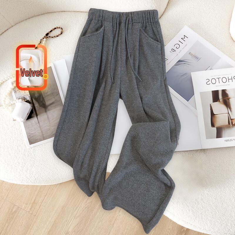 

SIBASHE Women s High Waist Drawstring Fleece-Lined Wide-Leg Pants S