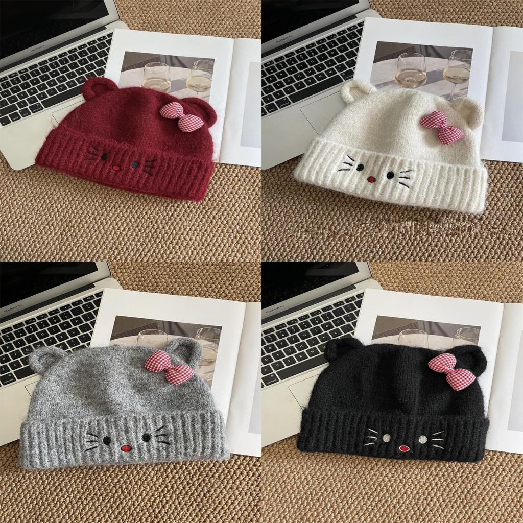 Cat Cartoon Knitted Hat With Embroidered Butterfly Bow For Winter Warmth And Windproof Comfort