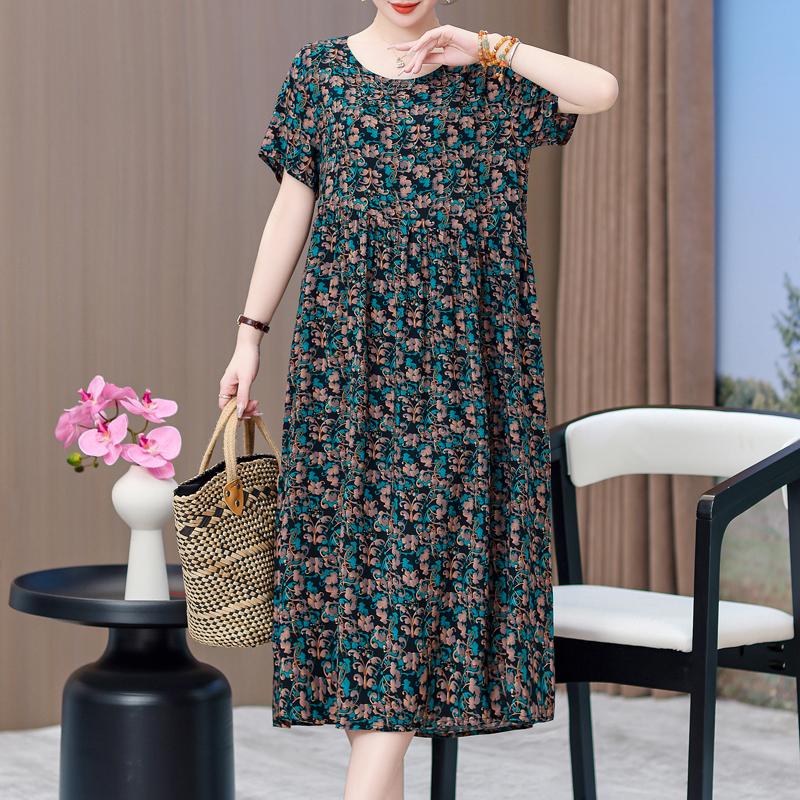 Elegant Dresses for Women Plus Size Loose Casual Vintage Print Long Dress With Sleeves Summer Middle-aged Women's Clothing