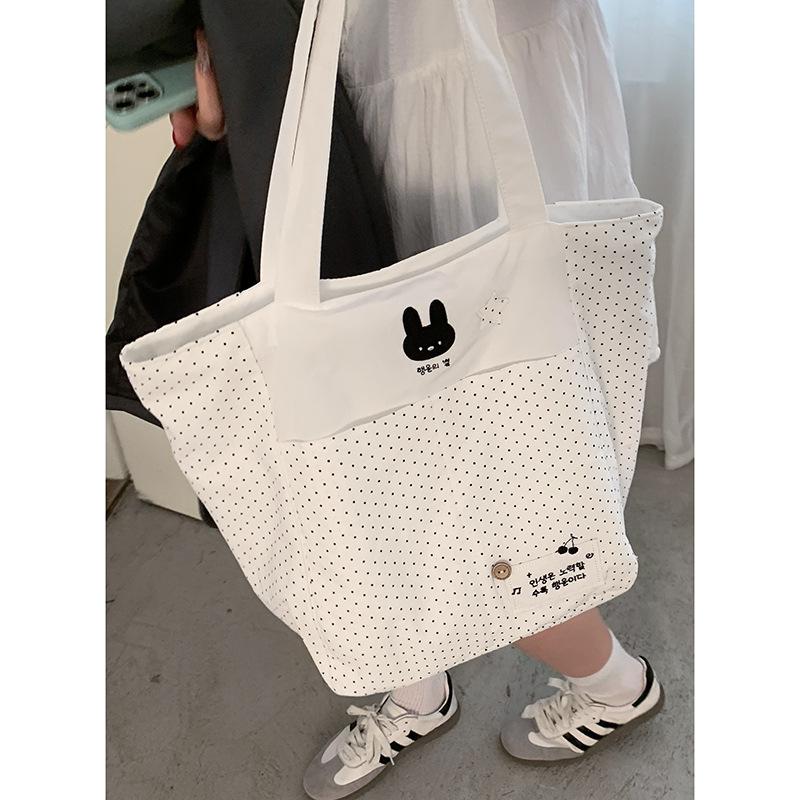 Cartoon Cute Polka Dot Canvas Bag Women 2025 New Fashion College Style Tote Bag Large Capacity Armpit Bag