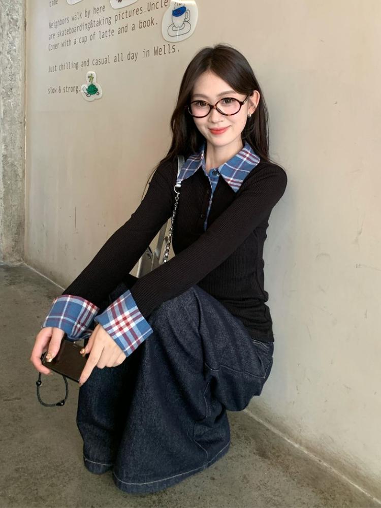 Harajuku Autumn Fake Two Pieces Shirt Women Polo Collar Elegant Long Sleeved Slim Tops Korea Chic Plaid Casual T-shirt Winter