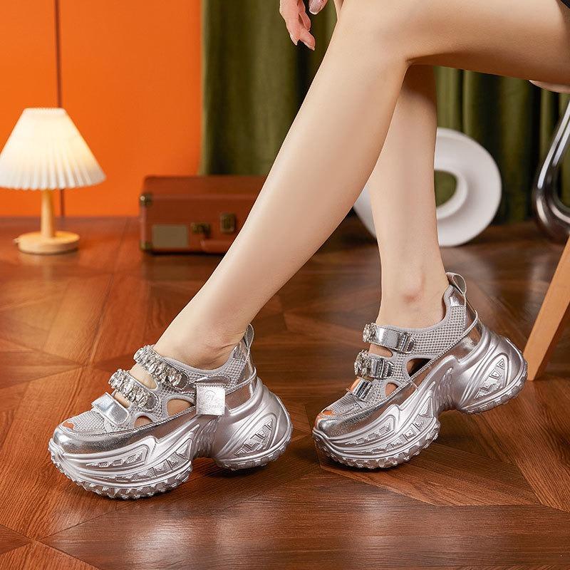 Fashion 8cm Air Mesh Synthetic Platform Wedge Casual Bling Bling Leather Comfy High Brand Summer Lace Up Flat Chunky Sneaker Shoes