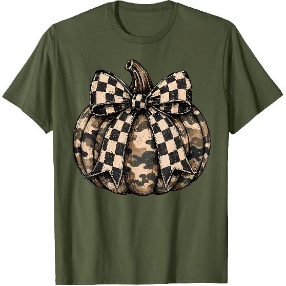 Camo Pumpkin with Checkered Bow Cute Fall Halloween Season T-Shirt