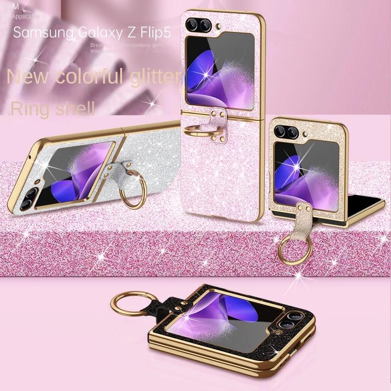 Luxury Plating Bling Glitter Ring Holder Phone Case For Samsung Galaxy Z Flip 6 5 4 Flip6 Flip5 Flip4 Flip3 Hard Plastic Cover