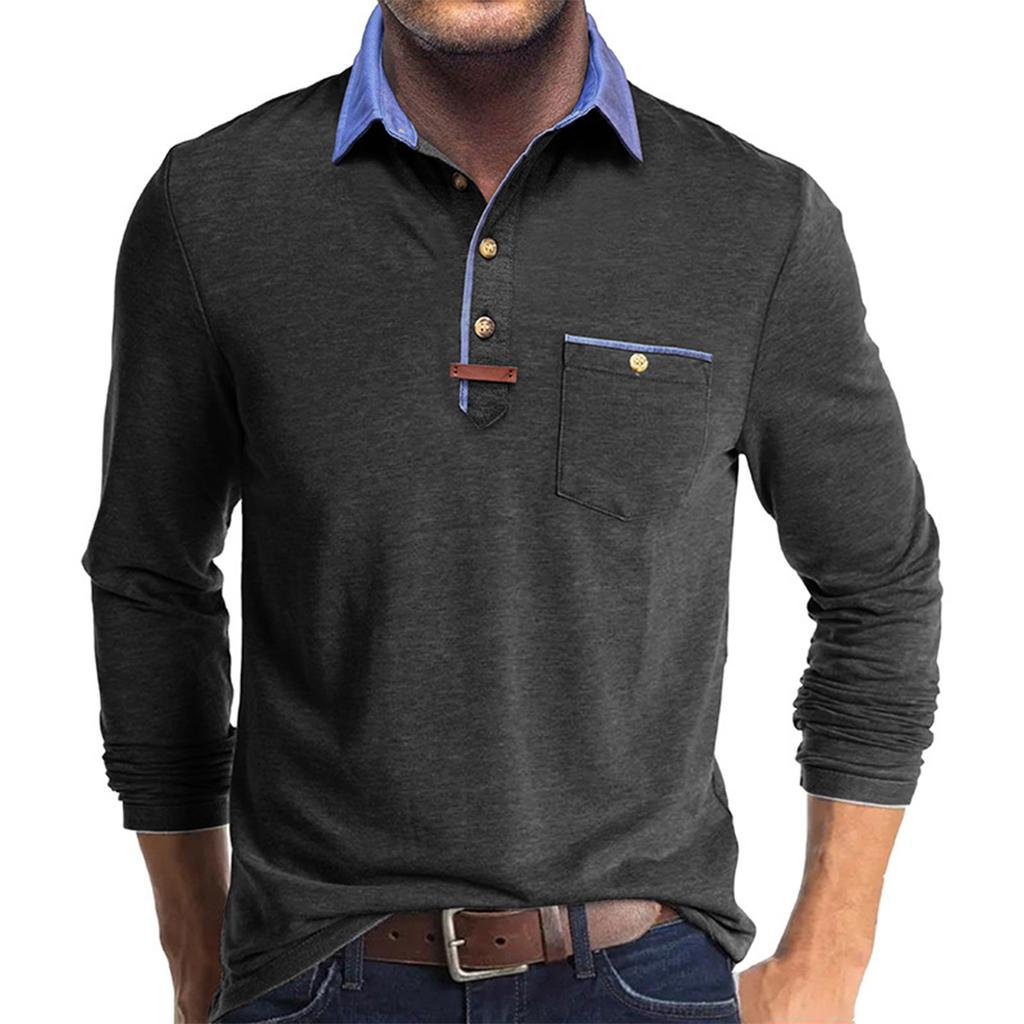 Herren Frühlings- und Farb-T-Shirt mit Kragen 3 Knöpfe Offene Knopfleiste Knöpfe Langärmliges Oberteil