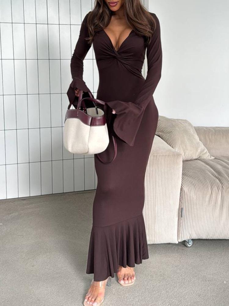 Autumn 2025 European & American Women s Sexy V-neck Twist Ruffle Long Dress S