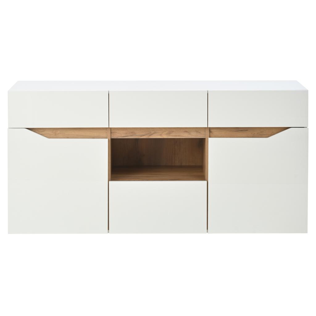 140*40*70cm Wohnzimmer Sideboard mit 4 Schubladen, Schrank mit zwei Fächern, Hochglanz Sofa Beistellschrank mit LED-Beleuchtung, Weiß + Holzfarbe