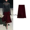 Spring New Women's Clothing Wave Swing Slimming Elegant Velvet High Waist Midi Skirt Skirt 0072158