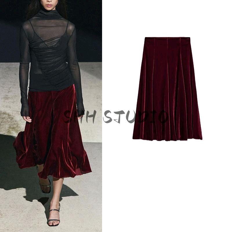 Spring New Women's Clothing Wave Swing Slimming Elegant Velvet High Waist Midi Skirt Skirt 0072158