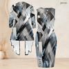 Women Plus Size Two Piece Set Printed Sleeveless Bodycon Dress Long Sleeve Open Cardigan Black Golden