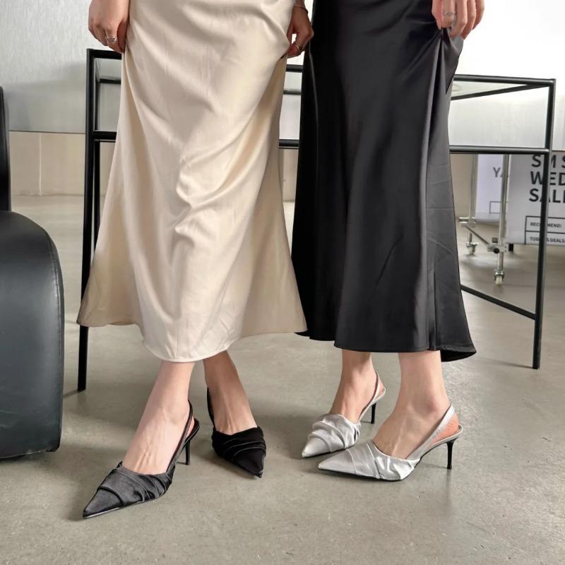 Brand Woman Slingback Shoes Fashion Spring New Fashion Ladies High Heels Elegant Med Heel Pointed Toe Slip On Sandals